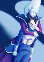 Rule 34 | 10s, 2boys, armor, black hair, blue skin, clenched hands, closed eyes, colored skin, covering another&#039;s eyes, covering own eyes, crying, dark, dragon ball, dragon ball super, fuoore (fore0042), gloves, hug, hug from behind, lipstick, makeup, male focus, multiple boys, purple eyes, purple lips, robe, spiked hair, streaming tears, tears, vegeta, whis, white gloves, white hair, widow&#039;s peak