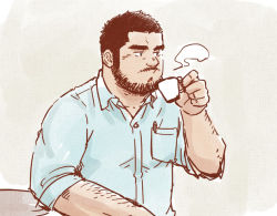 Rule 34 | 1boy, :o, arm hair, bara, beard, blowing, collared shirt, cup, facial hair, holding, holding cup, male focus, mature male, muscular, muscular male, original, shirt, short hair, sideburns, sleeves rolled up, solo, steam, suv (suv032), thick eyebrows, unfinished