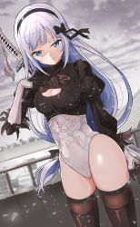 Rule 34 | 1girl, 2b (nier:automata), 2b (nier:automata) (cosplay), 5553pp, absurdres, bad id, bad pixiv id, black bow, black footwear, black thighhighs, blue eyes, blue hair, boots, bow, breasts, cityscape, cleavage, cleavage cutout, clothing cutout, cloud, cloudy sky, cosplay, crossover, expressionless, hair bow, hand on own chest, headband, highres, idolmaster, idolmaster million live!, leotard, light blue hair, long hair, medium breasts, nier:automata, nier (series), outdoors, puffy sleeves, railing, shiraishi tsumugi, skindentation, sky, solo, sword, thick thighs, thigh boots, thighhighs, thighs, two-tone gloves, very long hair, weapon