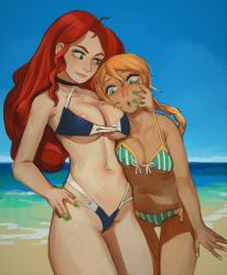 Rule 34 | 2girls, :o, ahoge, areola slip, beach, bikini, black choker, blonde hair, blue bikini, blue eyes, blue sky, blush, body blush, body freckles, borrowed character, braid, breast awe, breast press, breasts, choker, cleavage, cleft of venus, closed mouth, copyright request, criss-cross halter, day, female focus, fingernails, freckles, front-tie bikini top, front-tie top, gluteal fold, green nails, halter top bikini, halterneck, hand on another&#039;s face, hand on own hip, highleg, highleg bikini, highres, large breasts, linea alba, long braid, long hair, looking at another, looking at breasts, medium breasts, mossacannibalis, multiple girls, nail polish, navel, ocean, orange hair, outdoors, red hair, siblings, sisters, sky, sling bikini top, smile, standing, string bikini, striped bikini, striped clothes, swimsuit, tan, thigh gap, turquoise eyes, underboob, very long hair, water, wide-eyed, yuri