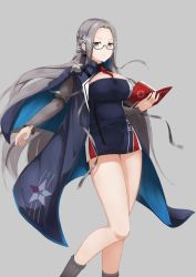 Rule 34 | 1girl, aqua cape, azur lane, blue cape, blue dress, book, cape, cleavage cutout, clothing cutout, dress, feet out of frame, glasses, grey background, grey eyes, grey hair, grey sleeves, holding, holding book, long hair, looking at viewer, red neckwear, semi-rimless eyewear, shangri-la (azur lane), short dress, simple background, solo, tosaka (tosaka0001), two-tone cape, very long hair