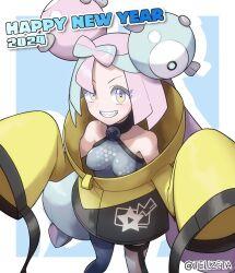 Rule 34 | 1girl, 2024, blue hair, bow-shaped hair, breasts, character hair ornament, creatures (company), game freak, gen 1 pokemon, grey pantyhose, hair ornament, happy new year, highres, iono (pokemon), jacket, long hair, low-tied long hair, magnemite, medium breasts, multicolored hair, new year, nintendo, oversized clothes, pantyhose, pink hair, pokemon, pokemon sv, sharp teeth, single leg pantyhose, sleeves past fingers, sleeves past wrists, solo, split-color hair, teeth, tellzeta, two-tone hair, very long sleeves, x, yellow jacket