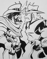 Rule 34 | 2boys, bullet, cartoonized, cassidy (overwatch), commission, cowboy hat, cowboy western, crossover, facial hair, gloves, goatee, grey background, gun, handgun, hat, highres, hol horse, holding, holding gun, holding weapon, holstered, jojo no kimyou na bouken, long hair, looking at another, male focus, medium hair, monochrome, multiple boys, overwatch, revolver, scarf, short sleeves, signature, simple background, stardust crusaders, steve yurko, teeth, toon (style), weapon