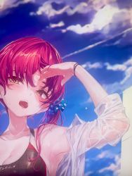 Rule 34 | 1girl, adjusting hair, akasaai, armpits, bare shoulders, blush, bracelet, breasts, cleavage, cloud, cloudy sky, collarbone, cropped, hair between eyes, highres, jewelry, long hair, multicolored eyes, open mouth, original, outdoors, pink hair, polka dot, purple eyes, see-through, sky, solo, swimsuit, teeth, tongue, upper body, upper teeth only, virtual youtuber, wet, wet clothes, yellow eyes