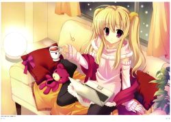 Rule 34 | 1girl, absurdres, computer, cup, highres, jacket, keyboard (computer), laptop, mitha, pantyhose, pillow, snow, solo, stuffed animal, stuffed toy, teddy bear, twintails