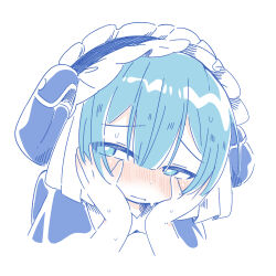 Rule 34 | 1boy, absurdres, blue eyes, blue hair, blush, center-flap bangs, child, colored skin, commentary, frilled hairband, frills, full-face blush, hairband, hands on own cheeks, hands on own face, highres, made in abyss, maid headdress, maruruk, narrowed eyes, nervous sweating, partially colored, portrait, solo, suguharu86, sweat, symbol-only commentary, trap, white background