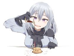 Rule 34 | 1girl, breast rest, breasts, cleavage, commentary request, food, girls&#039; frontline, hair between eyes, highres, kuzumotsu, large breasts, open mouth, plate, pouring, purple eyes, rpk-16 (girls&#039; frontline), short hair, silver hair, simple background, smile, solo, soy sauce, upper body, white background