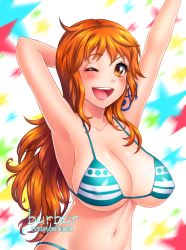 Rule 34 | 1girl, ;d, armpits, arms up, bikini, blush, breasts, brown eyes, burbur, cleavage, collarbone, covered erect nipples, large breasts, long hair, looking at viewer, nami (one piece), one eye closed, one piece, open mouth, red hair, smile, solo, swimsuit, tattoo, underboob