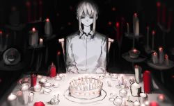 Rule 34 | 1girl, birthday cake, blonde hair, brown eyes, cake, candle, closed mouth, colored skin, commentary, dark, english commentary, food, grey shirt, grey skin, original, shirt, solo, table, tsu (lovesick1964), two (tsu (lovesick1964))