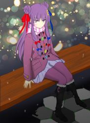 Rule 34 | 1girl, alternate costume, bench, boots, coat, contemporary, crescent, crescent hair ornament, double bun, female focus, frown, hair bun, hair ornament, hair ribbon, kamiyo jookoo, long hair, pantyhose, patchouli knowledge, pleated skirt, purple eyes, purple hair, purple pantyhose, ribbon, scarf, skirt, solo, touhou