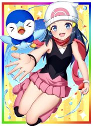 Rule 34 | 1girl, :d, absurdres, bare arms, bare shoulders, beanie, blue eyes, blue hair, boots, border, bracelet, creatures (company), dawn (pokemon), full body, game freak, gen 4 pokemon, hat, highres, holding, holding poke ball, jewelry, knee boots, kneehighs, legs together, long hair, looking at viewer, miniskirt, multicolored background, nintendo, open mouth, outstretched arm, outstretched hand, pink scarf, pink skirt, piplup, poke ball, poke ball (basic), poke ball print, pokemon, pokemon (creature), pokemon dppt, scarf, shirt, skirt, sleeveless, sleeveless shirt, smile, socks, solo, thighs, toukan, white border, white hat, wristband