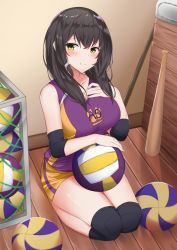 Rule 34 | 1girl, arm warmers, ball, bare shoulders, baseball bat, basket, black hair, blush, breasts, closed mouth, collarbone, commentary request, full body, green eyes, hair ornament, hand on own chest, hand up, highres, holding, holding ball, jersey, knee pads, kneeling, kurigura (sketch san), large breasts, long hair, looking at viewer, on floor, orange shorts, original, purple shirt, shirt, short shorts, shorts, sidelocks, sitting, sleeveless, sleeveless shirt, smile, solo, sportswear, thighs, volleyball (object), volleyball uniform, wooden floor