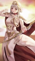 Rule 34 | 1girl, absurdres, amayo thranana, blush, bow (weapon), breasts, bridal gauntlets, cape, dress, feet out of frame, fire emblem, fire emblem fates, fire emblem heroes, grey hair, highres, holding, holding bow (weapon), holding weapon, long dress, looking at viewer, medium breasts, nintendo, official alternate costume, official alternate hairstyle, priestess, red eyes, solo, veronica (fire emblem), weapon