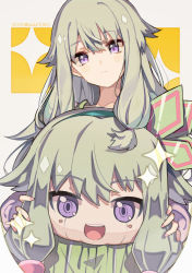 Rule 34 | 1girl, blush, captain yue, closed mouth, collarbone, dress, green dress, green hair, grey background, hair between eyes, head tilt, holding, kusanagi nene, long hair, nail polish, pink nails, project sekai, purple eyes, solo, sparkle, two-tone background, yellow background