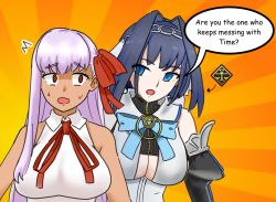Rule 34 | 2girls, bb (fate), bb (fate) (all), bb (fate/extra), bb (swimsuit mooncancer) (fate), black hair, blue eyes, bow, bow earrings, chain, chain headband, clothing cutout, creator connection, earrings, fate/grand order, fate (series), gameplay mechanics, gyaru, head chain, hololive, hololive english, jewelry, leotard, long hair, multiple girls, ouro kronii, popped collar, purple hair, raskasar, red eyes, ribbon earrings, scared, swimsuit, tan, underboob cutout, very long hair, virtual youtuber, white leotard