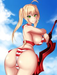 Rule 34 | 1girl, ahoge, arashi-arashi, ass, bikini, blonde hair, blush, breasts, fate/grand order, fate (series), from behind, green eyes, hair intakes, headband, highres, huge ass, large breasts, looking at viewer, nero claudius (fate), nero claudius (fate) (all), nero claudius (fate/extra), shiny clothes, shiny skin, short hair, sideboob, smile, solo, striped bikini, striped clothes, swimsuit, sword, twintails, weapon