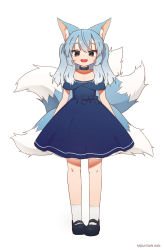 Rule 34 | 1girl, :d, animal ear fluff, animal ears, belt collar, black footwear, blue bow, blue dress, blue hair, bow, bright pupils, brown eyes, collar, commentary, dress, english commentary, fox ears, fox tail, full body, highres, looking at viewer, mixed-language commentary, mountain han, multiple tails, off-shoulder dress, off shoulder, open mouth, original, shoes, simple background, smile, socks, solo, tail, two side up, white background, white pupils, white socks