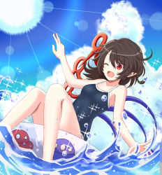 Rule 34 | 1girl, alternate costume, asymmetrical wings, black hair, blue sky, blue wings, blush, breasts, cloud, commentary request, competition school swimsuit, feet out of frame, hair between eyes, happy, houjuu nue, innertube, medium hair, one-piece swimsuit, one eye closed, open mouth, pointy ears, red eyes, red wings, school swimsuit, sky, small breasts, smile, solo, sparkle, splashing, sugiyama ichirou, sun, swim ring, swimsuit, touhou, water, wings