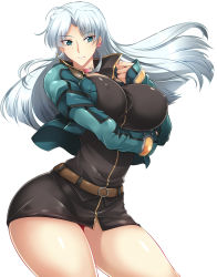 Rule 34 | 1girl, belt, breasts, calvina coulange, curvy, covered erect nipples, green eyes, haganef, large breasts, long hair, silver hair, simple background, solo, super robot wars, super robot wars judgement, thick thighs, thighs, white background, wide hips