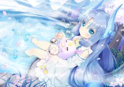 Rule 34 | 1girl, anklet, bad id, bad pixiv id, barefoot, blue eyes, blue hair, blush, commentary request, creature, day, dress, facial mark, fingernails, flower, forehead mark, hair between eyes, hair ornament, halo, highres, holding, holding spoon, horns, jewelry, lake, lily pad, long hair, long sleeves, looking at viewer, lotus, mimikkoui, mvv, outdoors, parted lips, petals, purple flower, rock, sidelocks, sitting, soaking feet, solo, spoon, star (symbol), tree, very long hair, water, white dress, white flower, wide sleeves