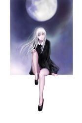 Rule 34 | 1girl, absurdres, black dress, black footwear, dress, early type, flat chest, framed, full body, full moon, hand on own knee, highres, leg lift, lips, moon, original, out of frame, outside border, pantyhose, purple eyes, shoes, silver hair, sitting, solo
