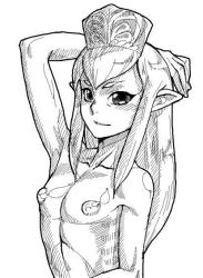 Rule 34 | 00s, 1girl, armpits, artist request, breasts, elf, elvaan, final fantasy, final fantasy xi, long hair, looking at viewer, nipples, nude, pointy ears, prishe, simple background, sketch, small breasts, smile, solo, white background
