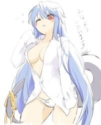 Rule 34 | 1girl, blue hair, blush, bow, bow panties, breasts, center opening, collarbone, collared shirt, covered erect nipples, dizzy (guilty gear), guilty gear, hair between eyes, hair down, huki, large breasts, long hair, long sleeves, looking at viewer, mature female, monster girl, one eye closed, panties, red eyes, ribbon, shirt, sideboob, sidelocks, sleeves past fingers, sleeves past wrists, solo, tail, tail ornament, tail ribbon, thighs, underwear, waking up, white panties, white shirt