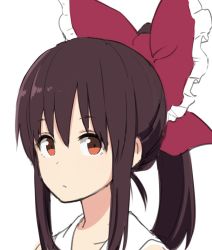 Rule 34 | 1girl, bow, brown eyes, brown hair, frilled bow, frills, hair bow, hakurei reimu, leon (mikiri hassha), looking at viewer, medium hair, ponytail, portrait, red bow, sidelocks, simple background, sketch, solo, touhou, white background
