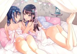 Rule 34 | 2girls, ass, babydoll, back, bare arms, bare legs, bare shoulders, barefoot, bed, black hair, blush, breasts, brown eyes, commentary request, feathers, feet, from behind, hair ornament, highres, holding, holding hair, indoors, lantern, legs up, long hair, looking at another, lying, matsuzaki miyuki, medium breasts, multiple girls, on bed, on stomach, open mouth, original, panties, pillow, pink babydoll, pink panties, shoulder blades, smile, string panties, two side up, underwear, underwear only