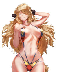Rule 34 | 1girl, arm behind head, blonde hair, blue eyes, breasts, breasts apart, character print, cleavage, commentary, covered erect nipples, cowboy shot, creatures (company), cynthia (pokemon), eyes visible through hair, game freak, groin, hair between eyes, hair ornament, hair over one eye, hand on own chest, highres, jojobirdz, large breasts, long hair, looking at viewer, midriff, navel, nintendo, o-ring, o-ring swimsuit, one eye closed, parted lips, pokemon, pokemon dppt, sideboob, sidelocks, simple background, slingshot swimsuit, solo, standing, swimsuit, thigh gap, very long hair, white background