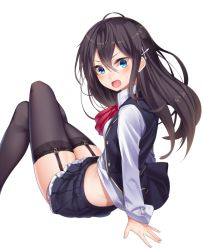 Rule 34 | 1girl, arm support, black hair, black thighhighs, blush, crossed legs, fang, from side, garter straps, hair ornament, long hair, looking at viewer, midriff, miniskirt, open mouth, original, ray-akila, ray littlechamber, skirt, solo, sweatdrop, thighhighs, white background