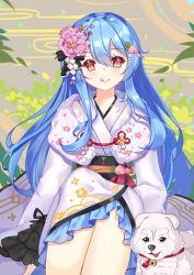 Rule 34 | 1girl, :q, alternate costume, arm rest, binan xian lu, blue hair, dog, flower, food-themed hair ornament, grey background, hair flower, hair ornament, highres, hinanawi tenshi, japanese clothes, kimono, knee up, leaf, leaf background, long hair, looking at viewer, neck bell, obi, peach hair ornament, red eyes, red ribbon, ribbon, sash, shide, sitting, solo, tongue, tongue out, touhou