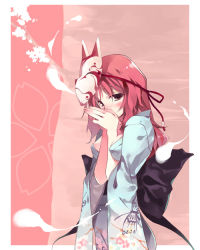 Rule 34 | 1girl, alternate costume, blush, bug, butterfly, covering face, covering own mouth, covering privates, female focus, fox mask, hitodama, insect, japanese clothes, looking at viewer, mask, mask on head, no headwear, ooba kagerou, pink hair, pink theme, saigyouji yuyuko, solo, touhou