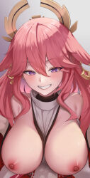 Rule 34 | 1girl, :d, absurdres, animal ears, bare shoulders, between breasts, blush, breasts, breasts out, clothes between breasts, detached sleeves, earrings, floppy ears, fox ears, genshin impact, grin, hair between eyes, hair ornament, highres, japanese clothes, jewelry, large breasts, long hair, looking at viewer, nipples, nontraditional miko, open mouth, pink hair, purple eyes, rkin, smile, solo, turtleneck, upper body, yae miko