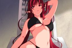 Rule 34 | 1girl, arm behind head, bat wings, beach, bikini, black bikini, breasts, chair, commentary request, derivative work, head wings, koakuma, large breasts, long hair, looking at viewer, lounge chair, navel, parted lips, pointy ears, red eyes, red hair, shadow, solo, swimsuit, touhou, upper body, very long hair, wings, yumi (careca398)