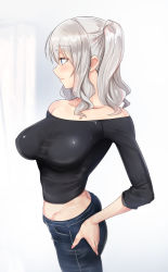 Rule 34 | 1girl, ass, bare shoulders, breasts, denim, fingernails, hand on own hip, highres, jeans, kantai collection, kashima (kancolle), large breasts, light smile, long fingernails, looking away, midriff, nail polish, pants, profile, shirt, sidelocks, silver hair, solo, taut clothes, taut shirt, twintails, untue