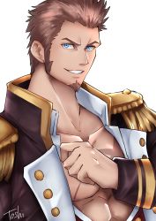 Rule 34 | 1boy, absurdres, bara, blue eyes, brown hair, bulge, cross scar, epaulettes, facial hair, fate/grand order, fate (series), fringe trim, goatee, highres, long sideburns, long sleeves, male focus, mature male, muscular, muscular male, napoleon bonaparte (fate), open clothes, open shirt, partially unbuttoned, pectoral cleavage, pectorals, scar, scar on chest, short hair, sideburns, solo, townoise