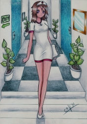 Rule 34 | 1girl, brown eyes, brown hair, brown theme, dress, jewelry, necklace, nurse, pencil, purple eyes, shirt, solo, taut clothes, taut shirt, traditional, traditional media