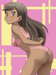 Rule 34 | 1girl, arms behind back, ass, awa, bare arms, blush, bra, breasts, brown eyes, brown hair, closed mouth, commentary request, cowboy shot, creatures (company), dark-skinned female, dark skin, eyelashes, furisode girl (pokemon), furisode girl blossom, game freak, hair ornament, leaning forward, long hair, looking at viewer, nintendo, panties, pink lips, pink panties, pokemon, pokemon xy, smile, solo, underwear, wedgie