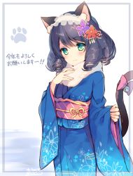 Rule 34 | 1girl, :3, animal ears, bell, black hair, blush, bow, cat ears, cat tail, commentary request, curly hair, cyan (show by rock!!), fur collar, furisode, green eyes, hair ornament, hairband, hand on own chest, japanese clothes, jingle bell, kimono, kotoyoro, lolita hairband, long hair, mayachi (amuriya), new year, obi, paw print, ringlets, sash, show by rock!!, sleeves past wrists, smile, solo, tail, tail bell, tail bow, tail ornament, translation request