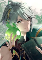 Rule 34 | 1boy, alhaitham (genshin impact), antenna hair, bare shoulders, black gloves, blurry, blurry background, bodysuit, book, cape, closed mouth, genshin impact, gloves, green cape, green eyes, grey hair, hair over one eye, hand up, headphones, holding, holding book, leaf, light smile, looking at viewer, male focus, open book, partially fingerless gloves, seelie (genshin impact), solo, twitter username, upper body, yamaya aya