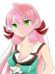 Rule 34 | 10s, 1girl, akashi (kancolle), bandana, bare shoulders, breasts, choukai (kancolle), choukai (kancolle) (cosplay), cleavage, cosplay, green eyes, hair ribbon, hip vent, kantai collection, large breasts, long hair, open mouth, pink hair, remodel (kantai collection), ribbon, solo, tress ribbon, twinkle mla, twintails