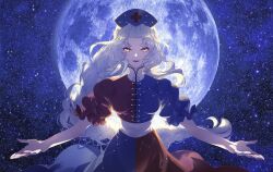 Rule 34 | 1girl, blue dress, blue hat, braid, commentary request, constellation print, cross, dress, full moon, hat, highres, long hair, looking at viewer, makeup, moon, multicolored clothes, multicolored dress, night, night sky, nurse cap, outdoors, red cross, red dress, short sleeves, sky, soi soi (mixueeee634), solo, star (sky), starry sky, touhou, upper body, white hair, yagokoro eirin, yellow eyes