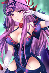 Rule 34 | 1girl, bare shoulders, blunt ends, blush, breasts, cleavage, dress, elbow gloves, fascinator, female focus, fire emblem, fire emblem engage, flower, gloves, hair ornament, highres, ivy (fire emblem), jewelry, kirishima riona, large breasts, long hair, looking at viewer, matching hair/eyes, mole, mole under mouth, nintendo, purple eyes, purple hair, rose, smile, solo, spiked, thighhighs, thighs, white gloves