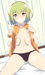 Rule 34 | 1girl, absurdres, bare shoulders, black panties, blush, breasts, breath, cameltoe, chunithm, cleft of venus, collarbone, curtains, dutch angle, female focus, green hair, hands up, headphones, highres, indoors, kneeling, looking at viewer, navel, on bed, open mouth, orange eyes, orange vest, panties, shiny skin, short hair, sky feather (chunithm), small breasts, smile, solo, spread legs, steam, steaming body, sweat, underboob, underwear, vest, wabomaiyabu