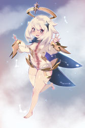 Rule 34 | 1girl, absurdres, arrow (symbol), bad anatomy, barefoot, blue cape, blue eyes, blush, cape, constellation, covered erect nipples, covered navel, fingernails, genshin impact, glowing, hair between eyes, hair ornament, halo, highres, hitobashira (1746164306), open mouth, paimon (genshin impact), short hair, sleeves past wrists, solo, sweat, thighhighs, tight clothes, tongue, white hair, white thighhighs, x-ray