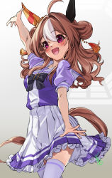 Rule 34 | 1girl, :d, ahoge, blush, bow, bowtie, brown hair, clothing cutout, copano rickey (umamusume), cowboy shot, double bun, ear covers, eyelashes, fang, frilled skirt, frills, hair bun, horse girl, horse tail, horseshoe ornament, long hair, looking at viewer, miniskirt, mismatched ear covers, multicolored hair, open mouth, pink eyes, pleated skirt, puffy short sleeves, puffy sleeves, purple bow, purple bowtie, purple shirt, red eyes, sailor collar, sailor shirt, school uniform, serafuku, shirt, short sleeves, skirt, smile, solo, streaked hair, summer uniform, tail, tail through clothes, thighhighs, tracen school uniform, two side up, umamusume, white hair, white skirt, white thighhighs, youmou usagi