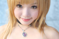 Rule 34 | 1girl, amane misa, amane misa (cosplay), asian, bare shoulders, blonde hair, choker, color contacts, cosplay, death note, indoors, jewelry, kipi-san, long hair, looking at viewer, mole, pendant, photo (medium), smile, solo