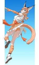 Rule 34 | 1girl, animal ears, bare shoulders, blue background, blue eyes, boots, bow, caracal (kemono friends), clothes lift, commentary, elbow gloves, extra ears, from behind, full body, gloves, gradient background, highres, kemono friends, kneepits, long hair, looking at viewer, looking back, miniskirt, orange hair, orange panties, panties, pantyshot, parted lips, paw print soles, shirt, shoe soles, simple background, skirt, skirt lift, sleeveless, sleeveless shirt, smile, solo, tail, tanabe (fueisei), underwear, upskirt, waist bow, white shirt