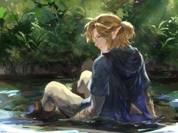 Rule 34 | 1boy, blue eyes, blue tunic, boots, commentary, earrings, foliage, in water, jewelry, leather, leather boots, light brown hair, link, nature, nintendo, pants, pointy ears, short ponytail, sitting, the legend of zelda, the legend of zelda: breath of the wild, toroyuri, water, white pants